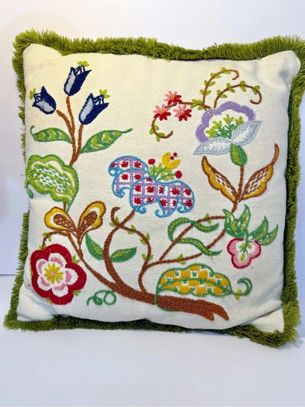 Crewel Embroidered Floral Throw Pillow Avocado Green Fringe Boho 70’s